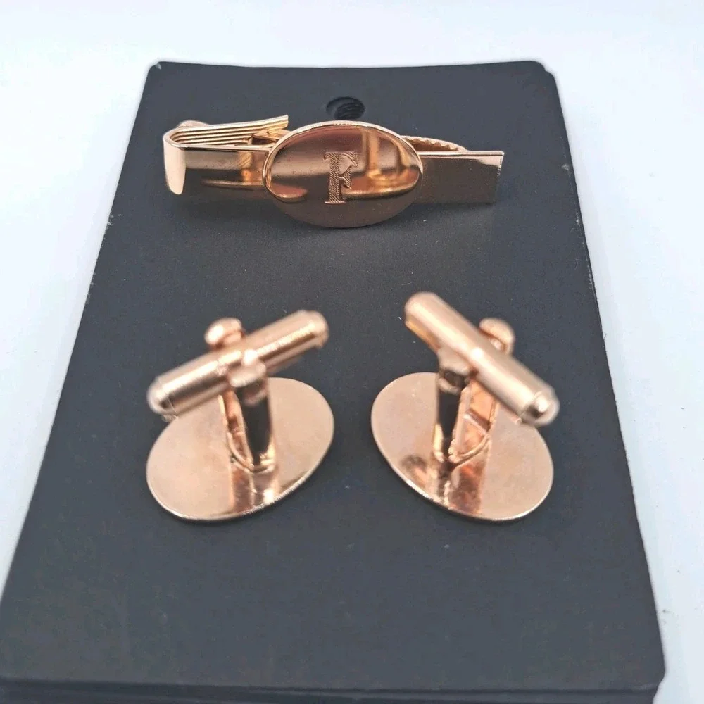 Vintage Monogram 'F' Rose Gold Tone Cufflinks & Tie Clip Set 1.25 Inch